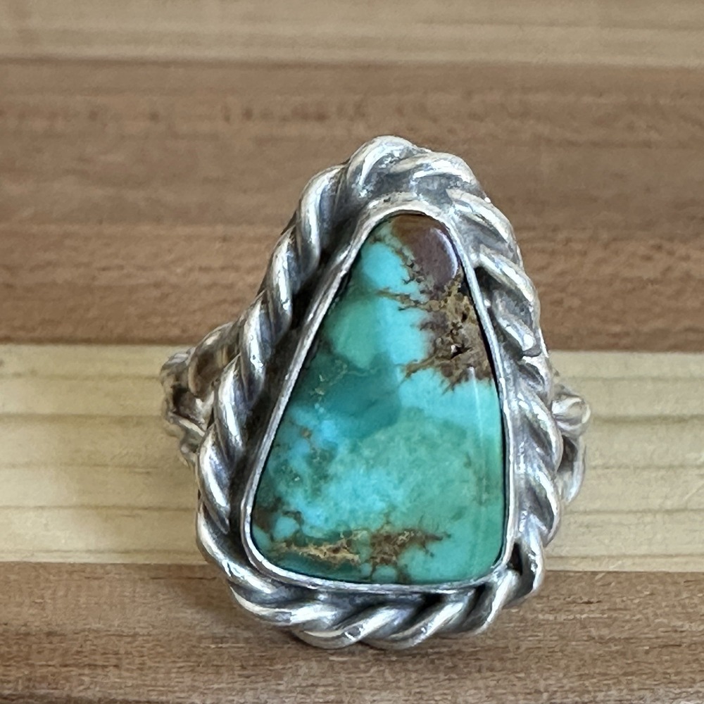 VTG Navajo Old Pawn Accent Ring Size 5 Turquoise Rope Twist 925 Sterling 5.9g